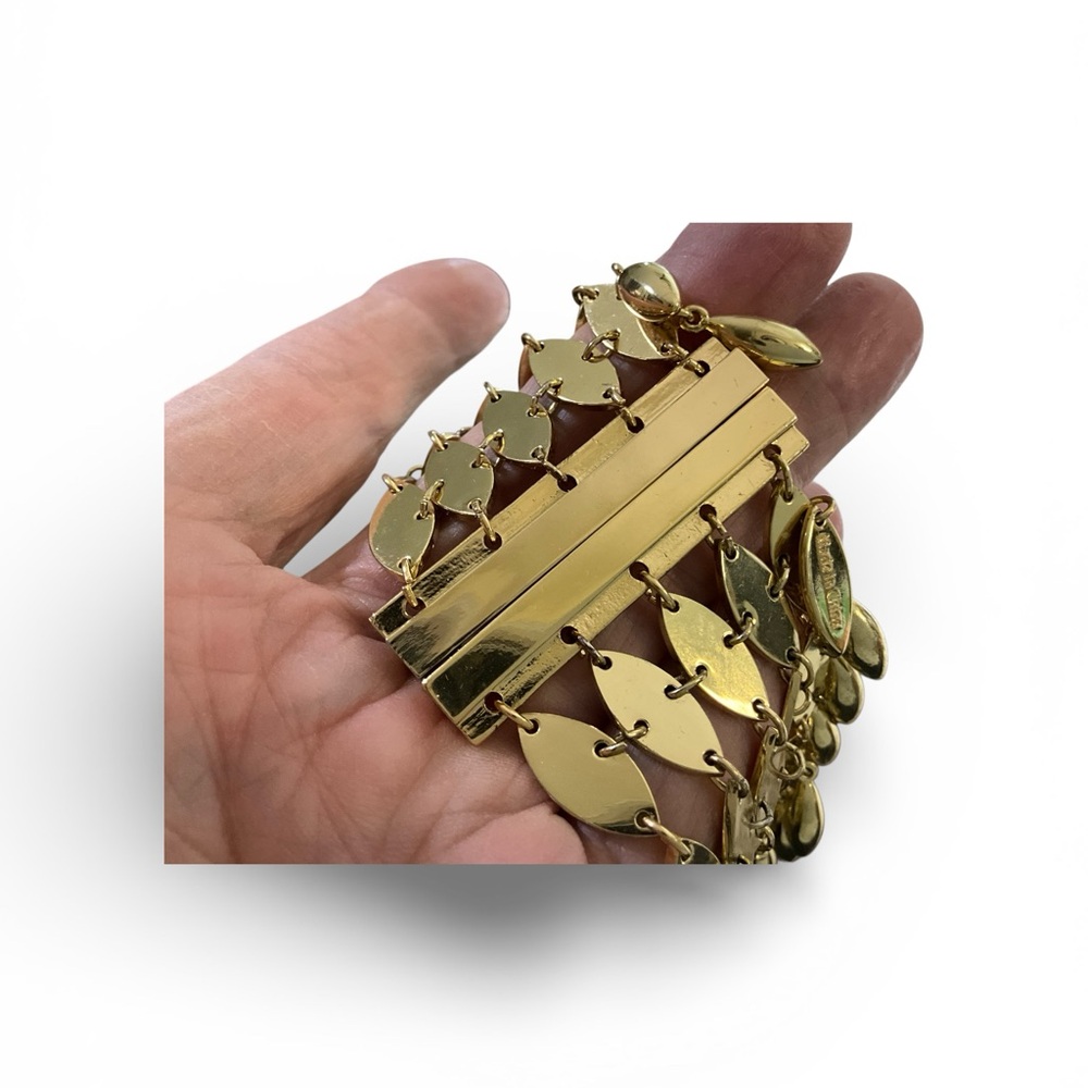 Pierre Lang Gold Toned Bracelet Metal Fringe Beads Quatrefoil PL Magnetic Clasp - Picture 7 of 12